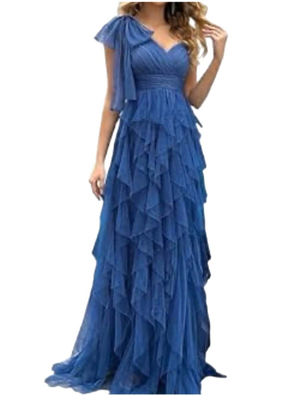 NWOT One Shoulder Blue Tulle Ruffle Maxi Gown Size Small